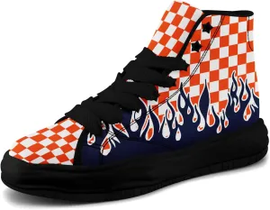 Checkered Flame High-Top Platform Sneakers, Custom Chunky Elevated Canvas Trainers for Streetwear Race Casual Footwear