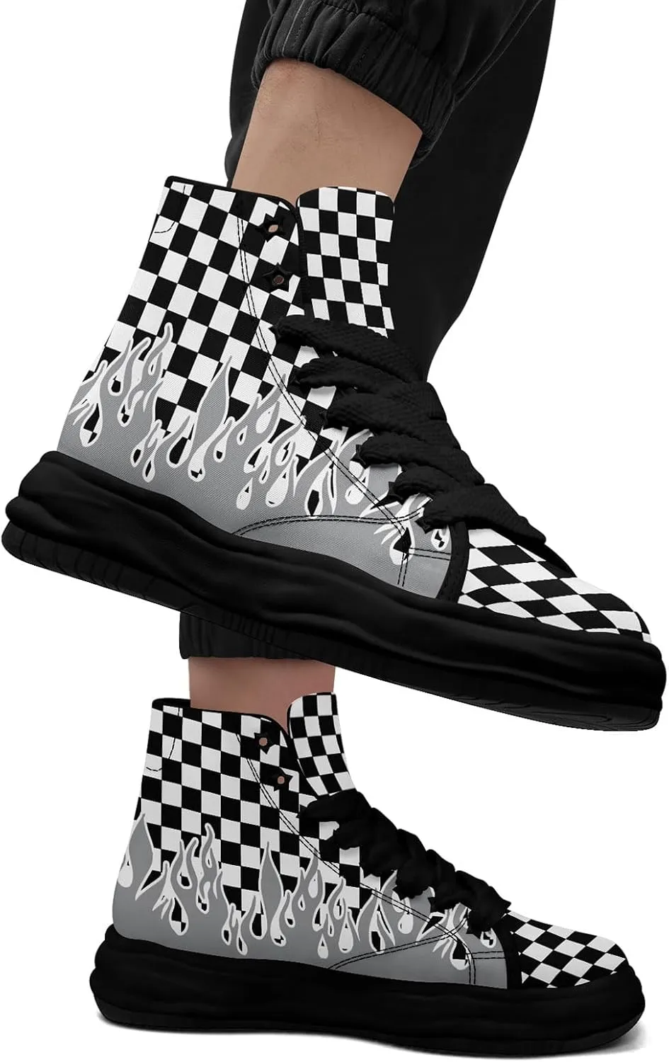 Checkered Flame High-Top Platform Sneakers, Custom Chunky Elevated Canvas Trainers for Streetwear Race Casual Footwear