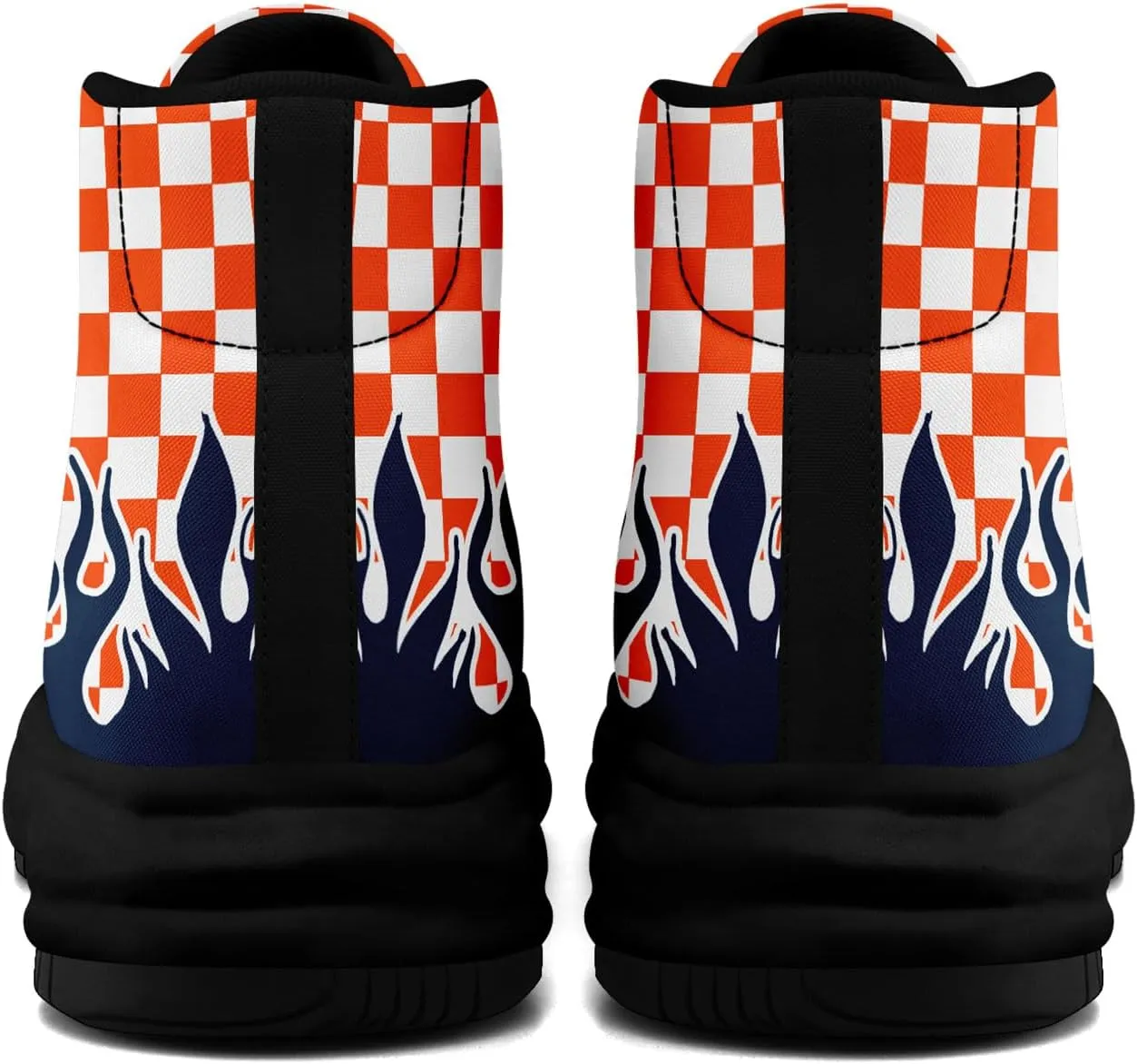 Checkered Flame High-Top Platform Sneakers, Custom Chunky Elevated Canvas Trainers for Streetwear Race Casual Footwear