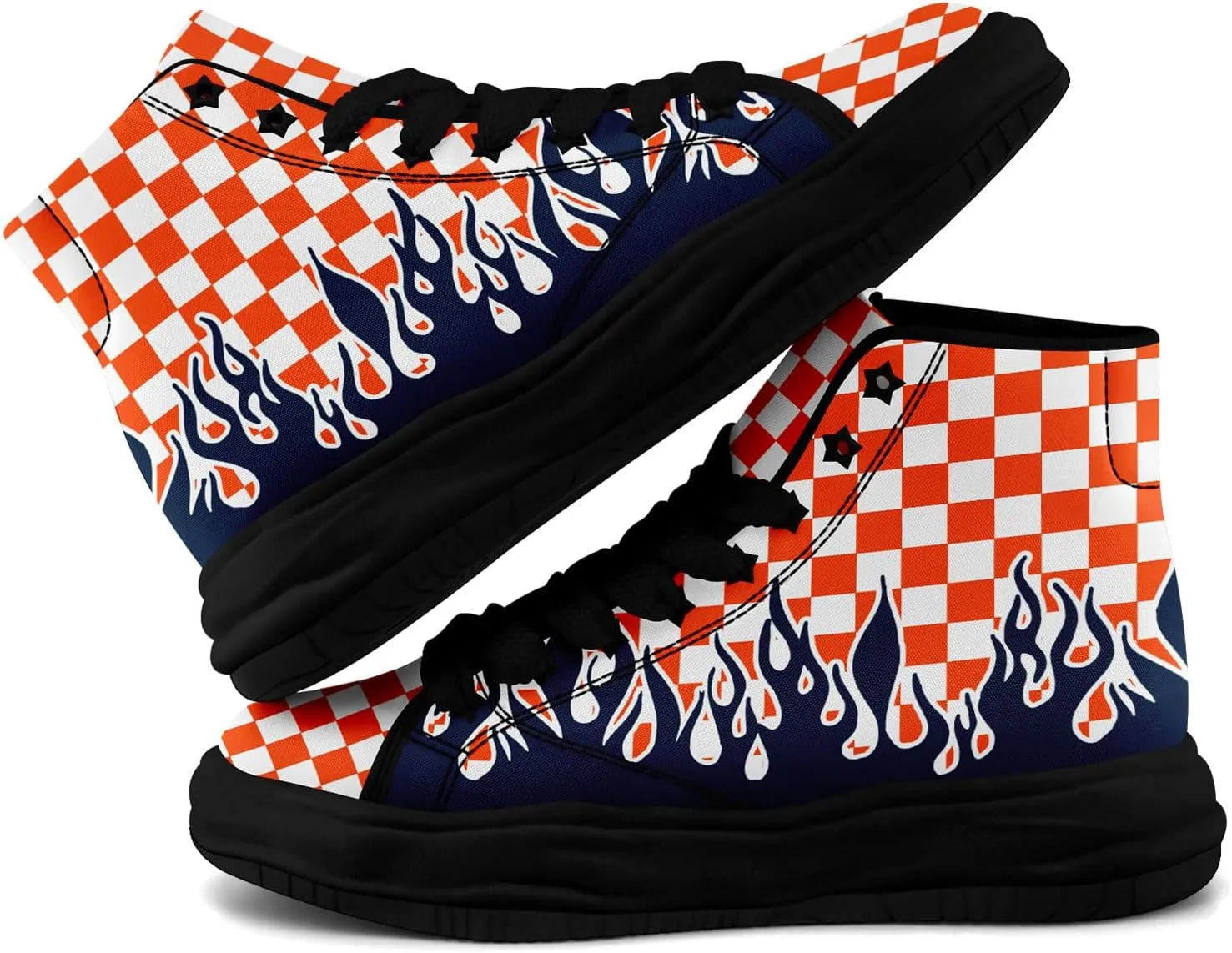 Checkered Flame High-Top Platform Sneakers, Custom Chunky Elevated Canvas Trainers for Streetwear Race Casual Footwear