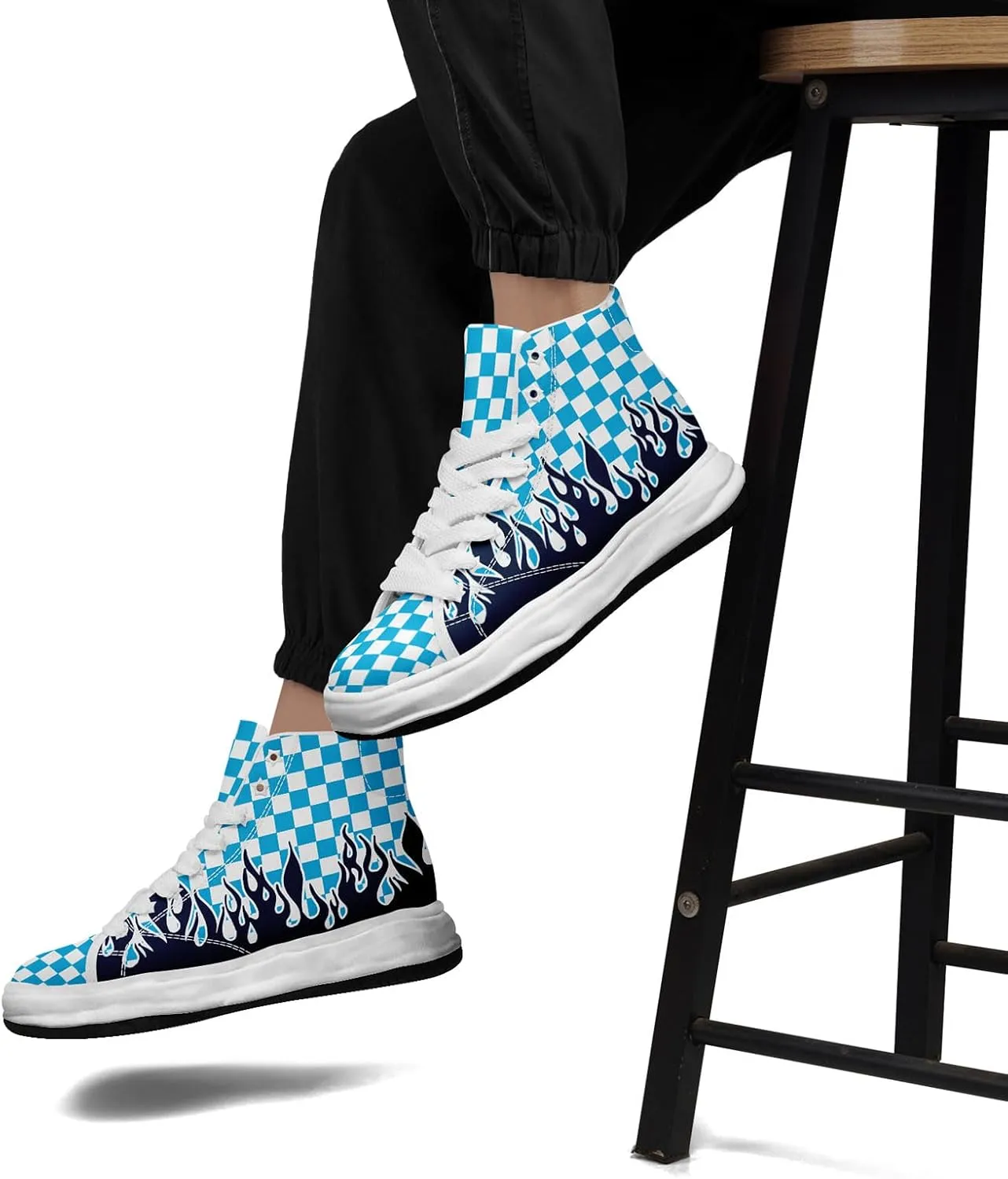 Checkered Flame High-Top Platform Sneakers, Custom Chunky Elevated Canvas Trainers for Streetwear Race Casual Footwear