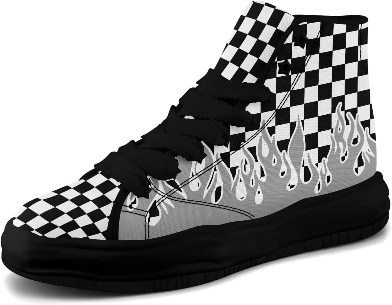 Checkered Flame High-Top Platform Sneakers, Custom Chunky Elevated Canvas Trainers for Streetwear Race Casual Footwear