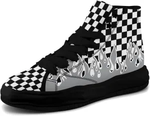 Checkered Flame High-Top Platform Sneakers, Custom Chunky Elevated Canvas Trainers for Streetwear Race Casual Footwear