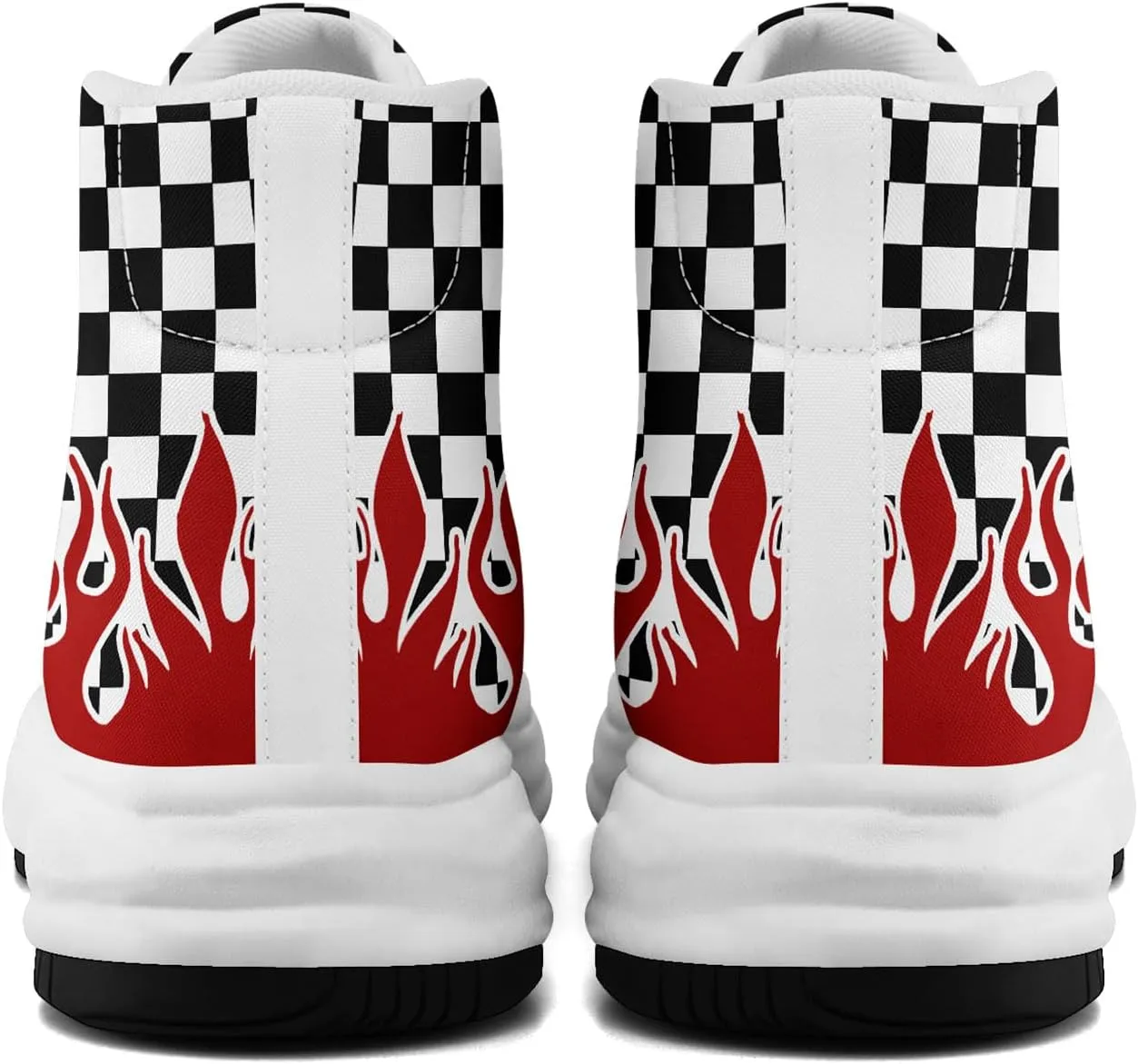 Checkered Flame High-Top Platform Sneakers, Custom Chunky Elevated Canvas Trainers for Streetwear Race Casual Footwear