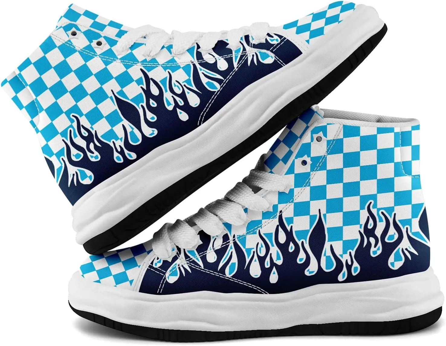 Checkered Flame High-Top Platform Sneakers, Custom Chunky Elevated Canvas Trainers for Streetwear Race Casual Footwear