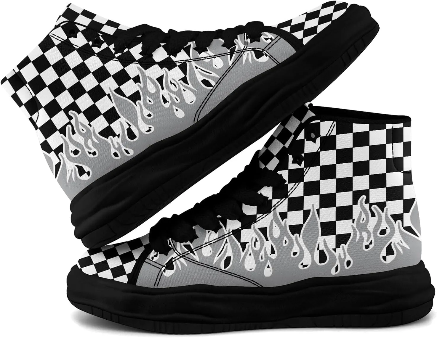 Checkered Flame High-Top Platform Sneakers, Custom Chunky Elevated Canvas Trainers for Streetwear Race Casual Footwear