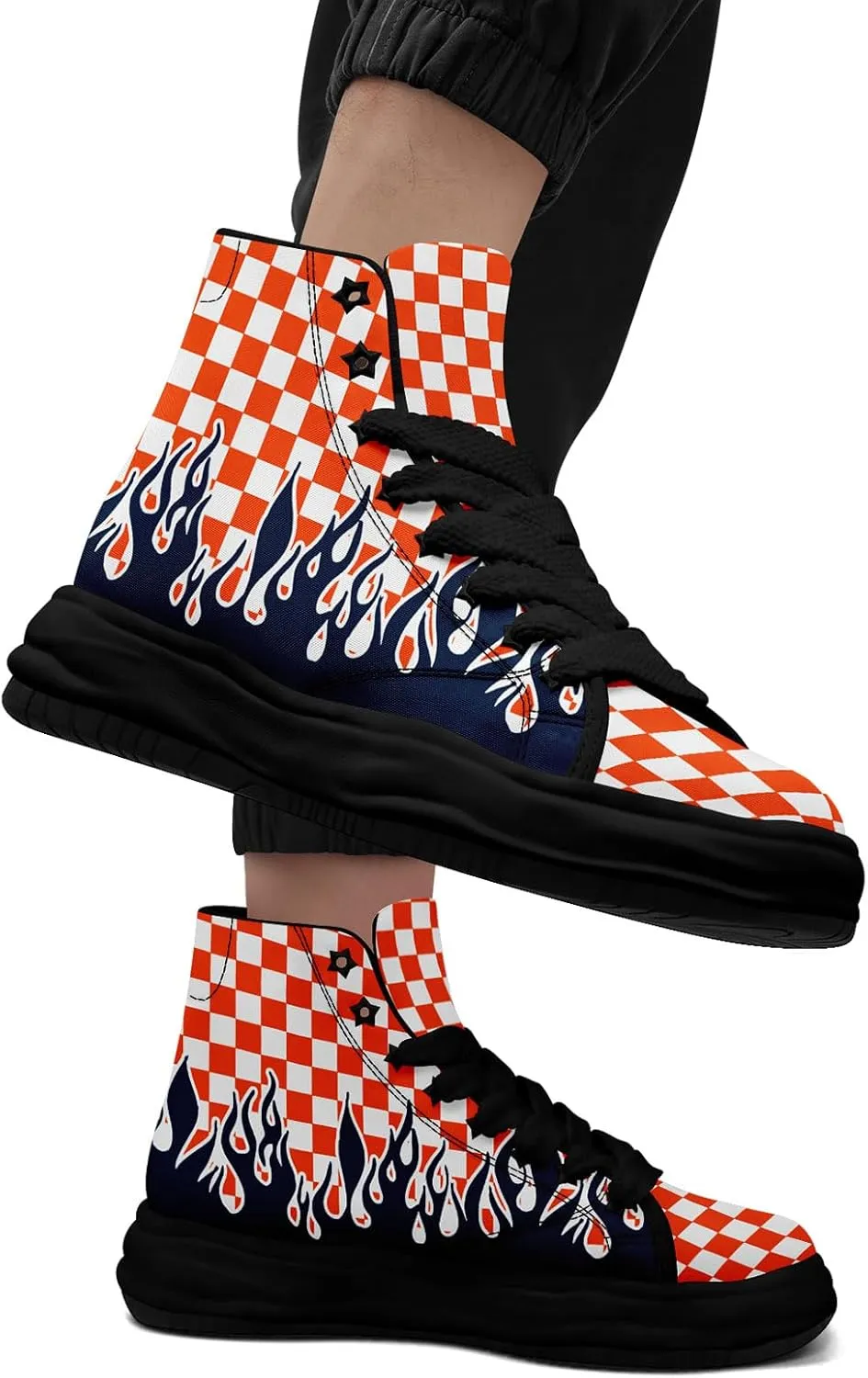 Checkered Flame High-Top Platform Sneakers, Custom Chunky Elevated Canvas Trainers for Streetwear Race Casual Footwear