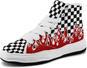 Checkered Flame High-Top Platform Sneakers, Custom Chunky Elevated Canvas Trainers for Streetwear Race Casual Footwear