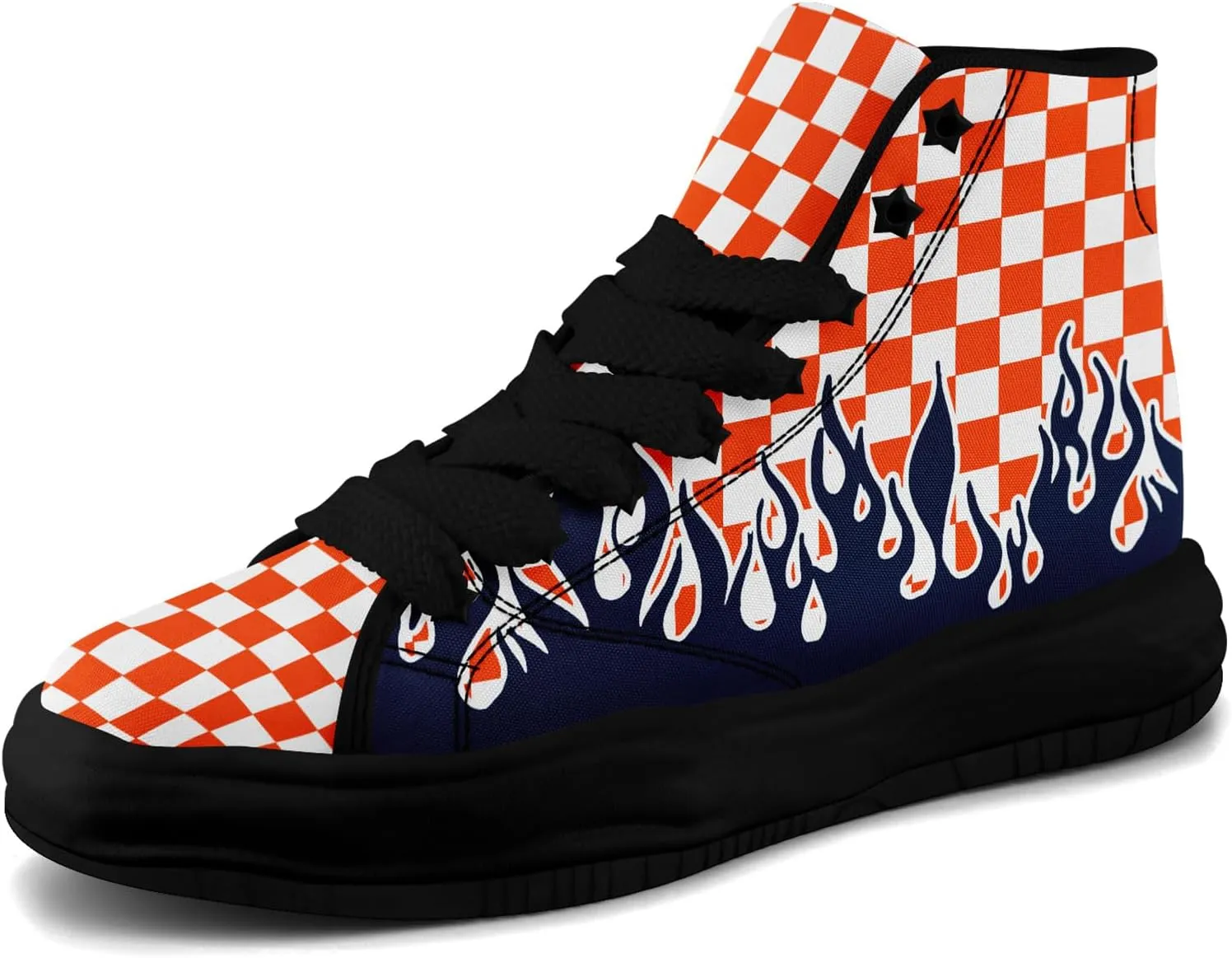 Checkered Flame High-Top Platform Sneakers, Custom Chunky Elevated Canvas Trainers for Streetwear Race Casual Footwear