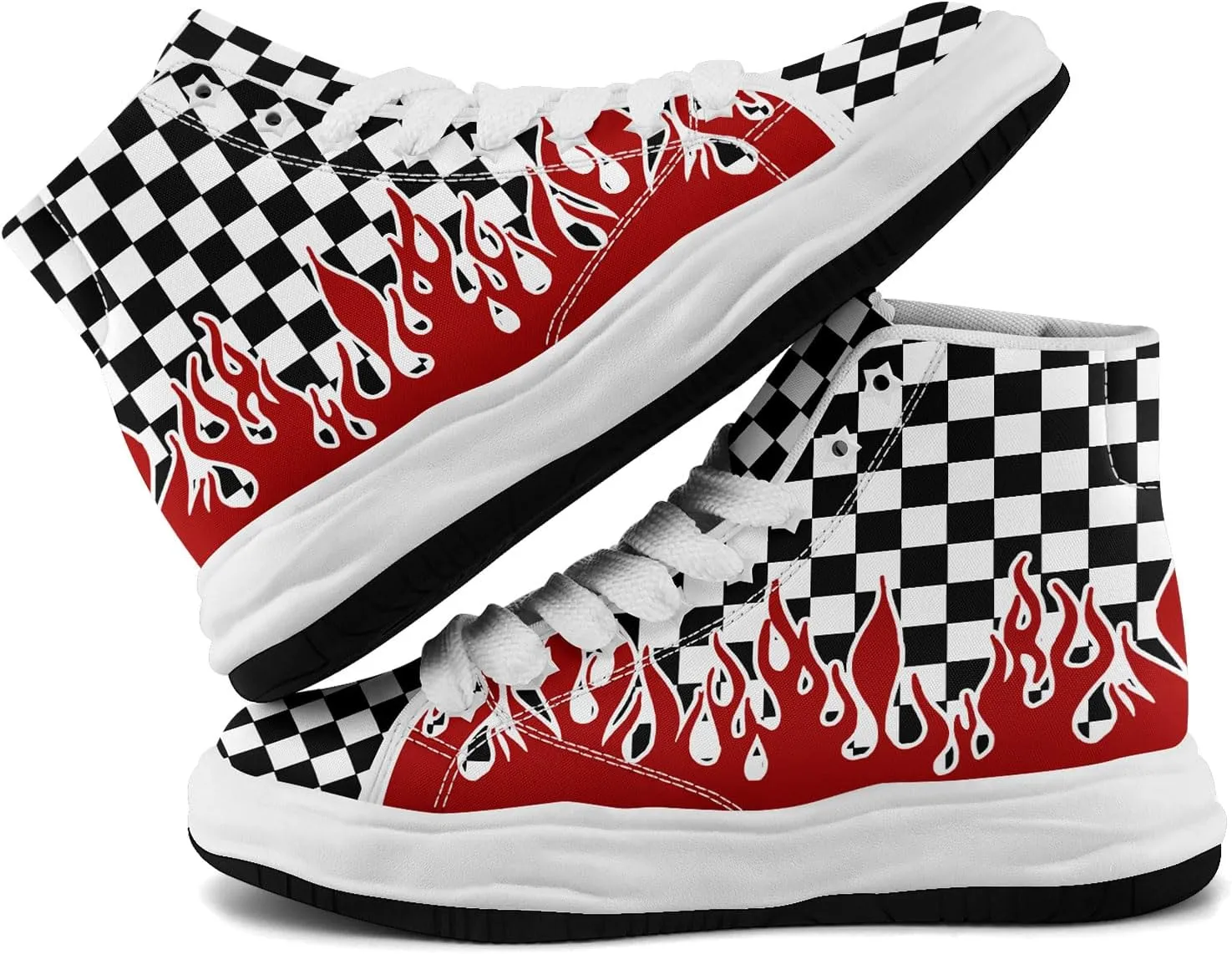 Checkered Flame High-Top Platform Sneakers, Custom Chunky Elevated Canvas Trainers for Streetwear Race Casual Footwear