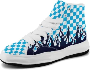 Checkered Flame High-Top Platform Sneakers, Custom Chunky Elevated Canvas Trainers for Streetwear Race Casual Footwear