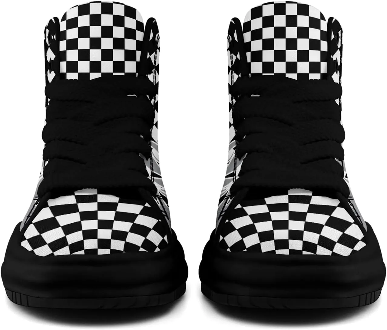 Checkered Flame High-Top Platform Sneakers, Custom Chunky Elevated Canvas Trainers for Streetwear Race Casual Footwear