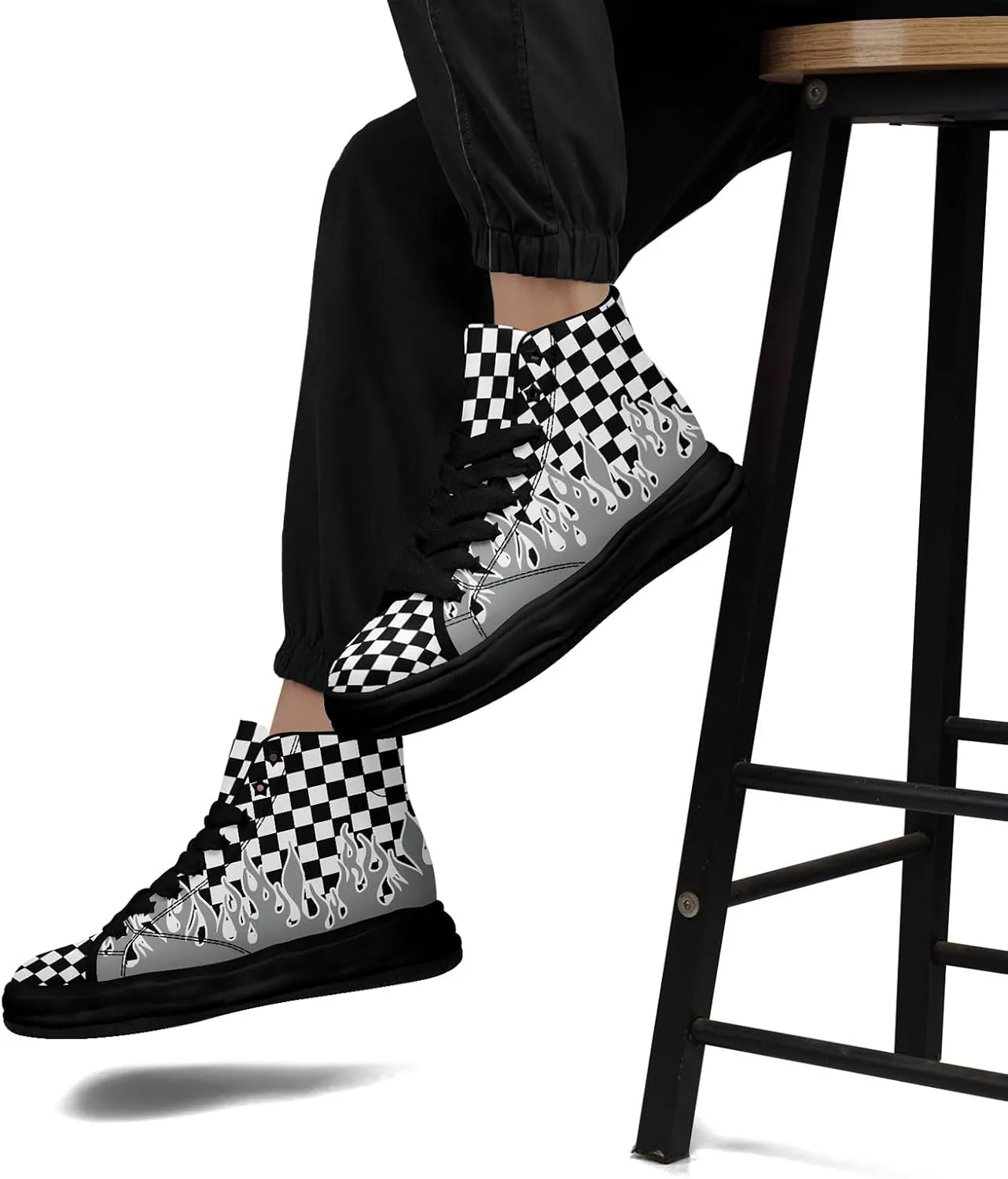 Checkered Flame High-Top Platform Sneakers, Custom Chunky Elevated Canvas Trainers for Streetwear Race Casual Footwear
