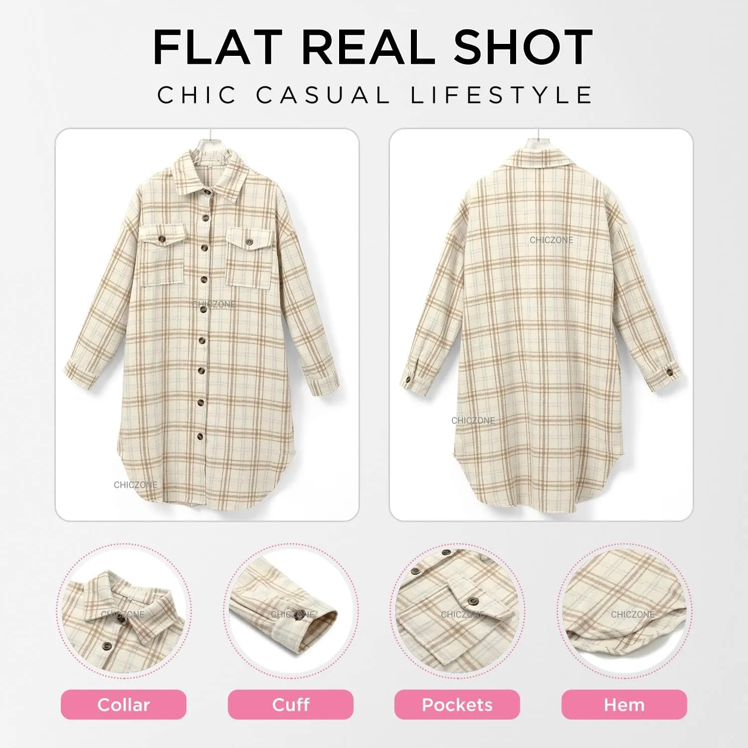 CHICZONE Womens Plaid Shacket Jacket Long Corduroy Shirt Casual Lapel Button Down Flannel Trench Coats