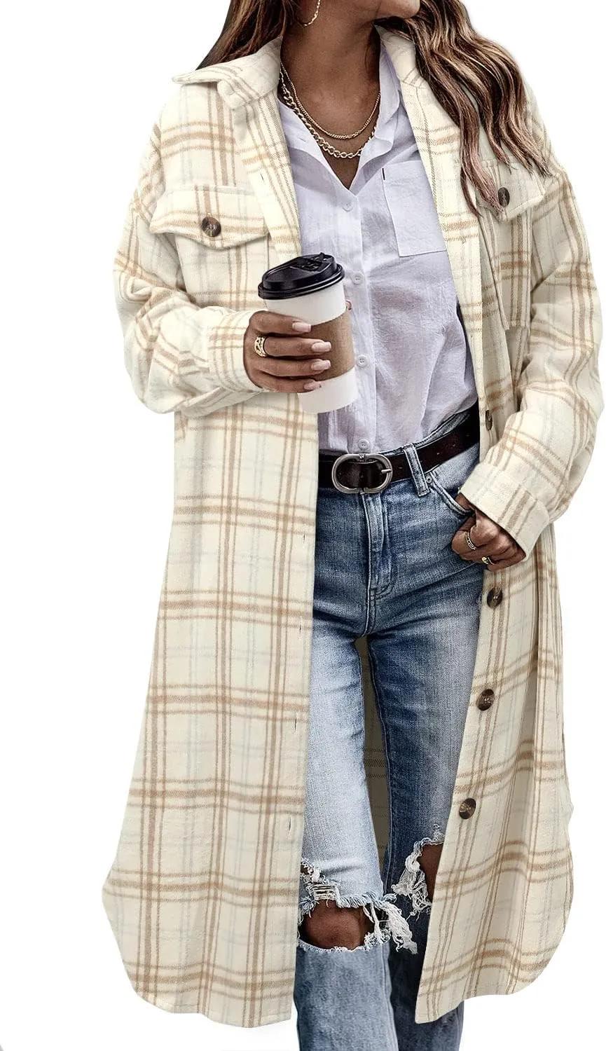 CHICZONE Womens Plaid Shacket Jacket Long Corduroy Shirt Casual Lapel Button Down Flannel Trench Coats