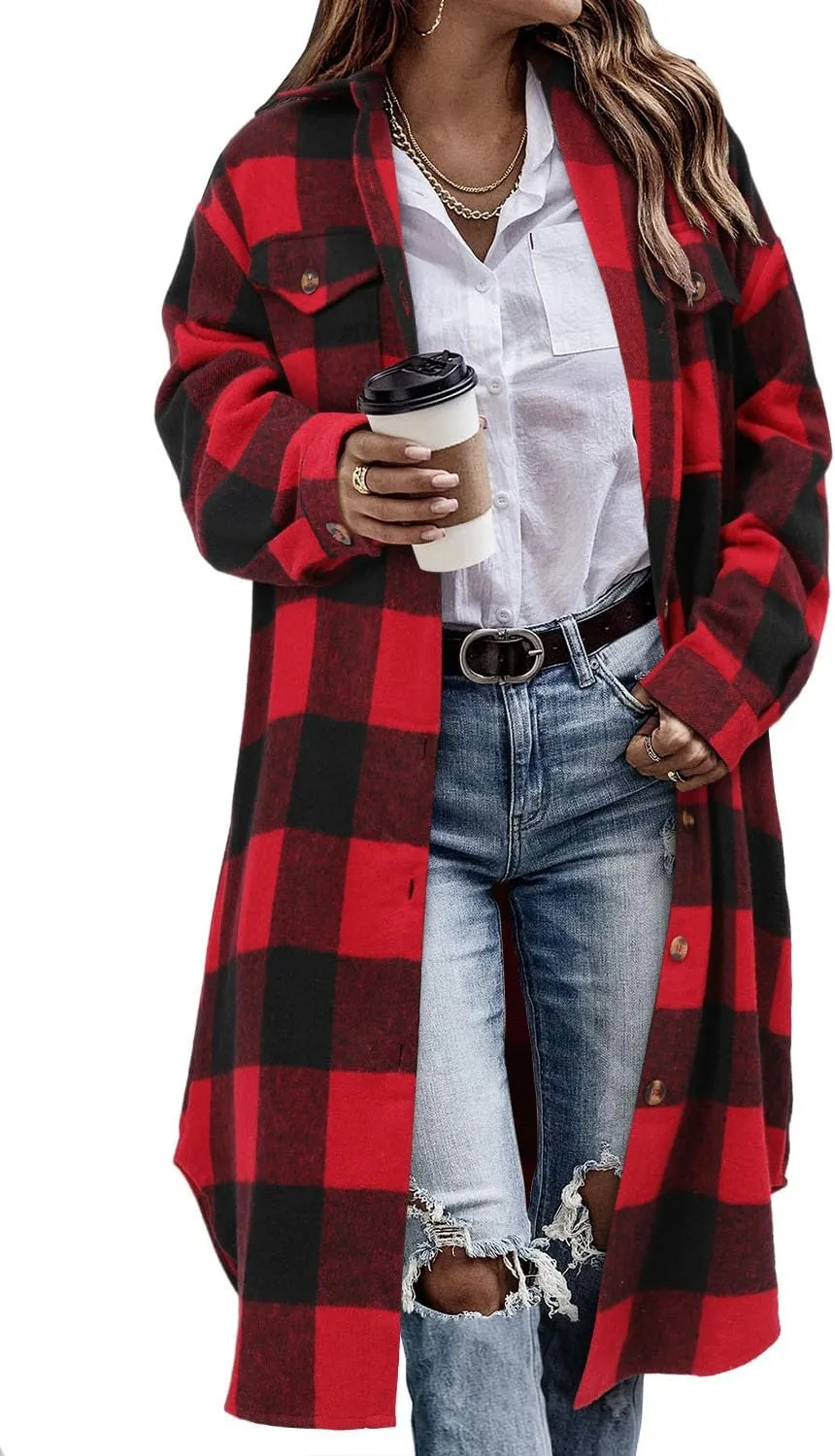 CHICZONE Womens Plaid Shacket Jacket Long Corduroy Shirt Casual Lapel Button Down Flannel Trench Coats