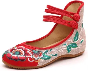 Chinese Traditional Floral Embroidered Shoes for Women Ethnic Style Round Toe Ankle Strap Canvas Sandals Handmade Mary Jane Flat Dress Loafers