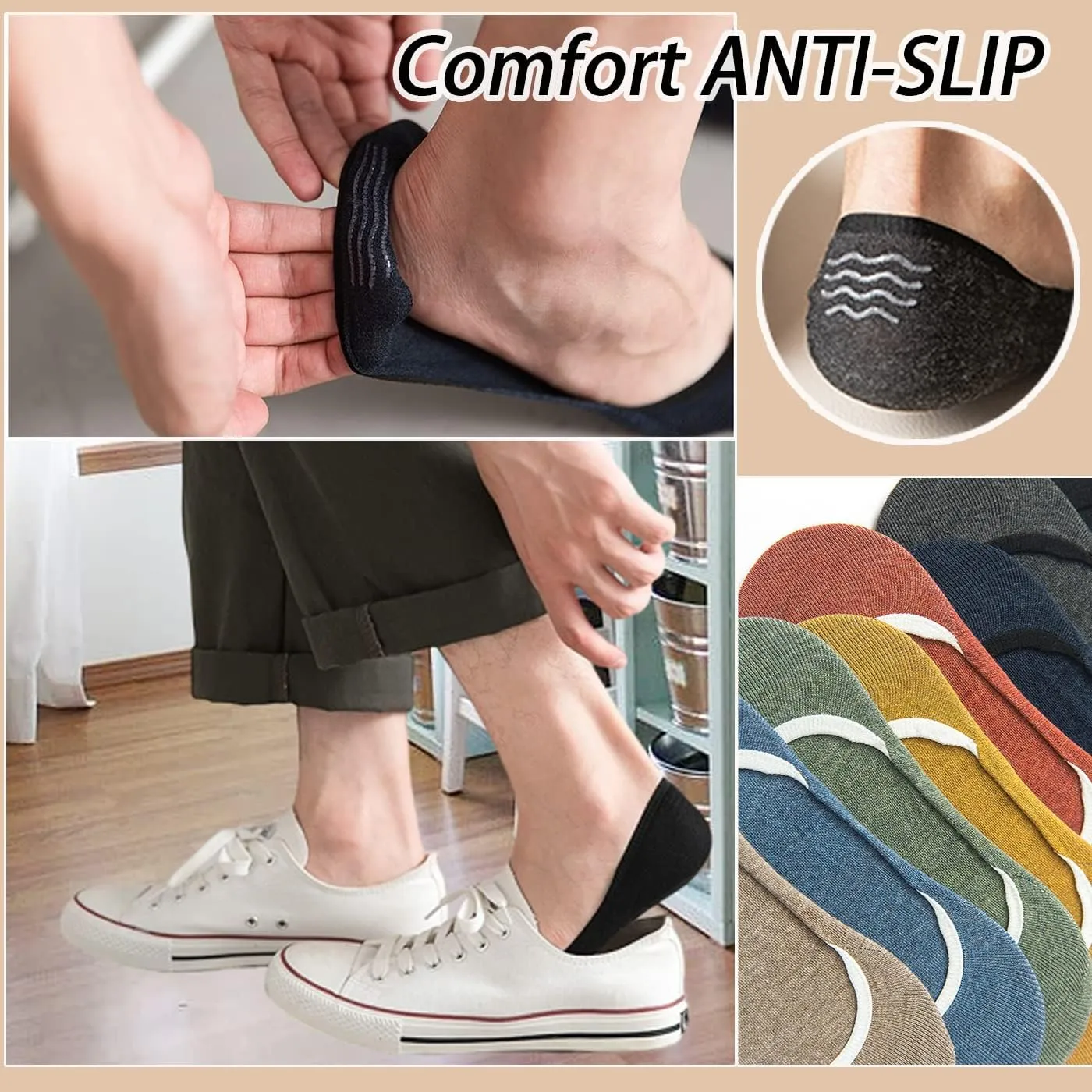 CHUNFO No Show Liner Men Footie Socks Non Slip Grips Multicolor Cushioned Pure Color Invisible Low Cut Boys 5 or 10 Pairs