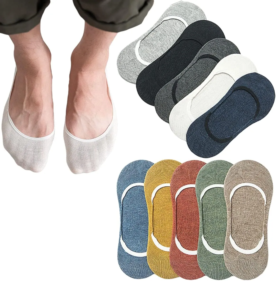 CHUNFO No Show Liner Men Footie Socks Non Slip Grips Multicolor Cushioned Pure Color Invisible Low Cut Boys 5 or 10 Pairs