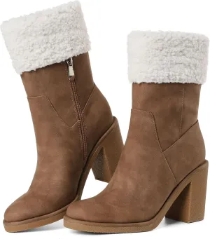 Chunky Heel Warm Snow Ankle Boots for Woman Round Toe Brown High Winter Short Zipper Booties Faux Suede Shopping