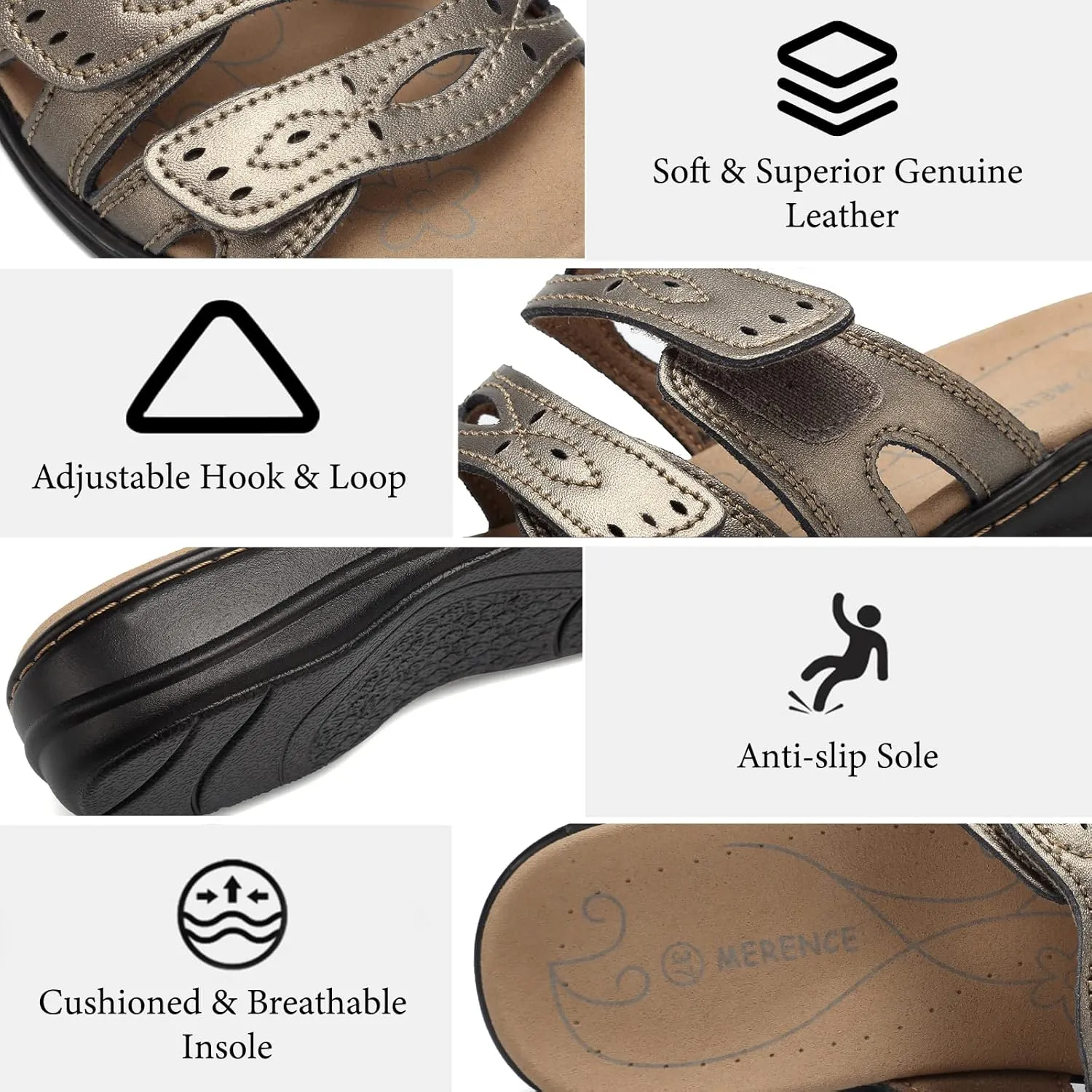 CIOR Women's Classic Leather Sandals, Black, Flat, Open Toe, Arch Support, Adjustable Strap, Casual, Water Resistant, Perfect for Beach, Street, Shopping, Dating, Vacation, Pool, Party