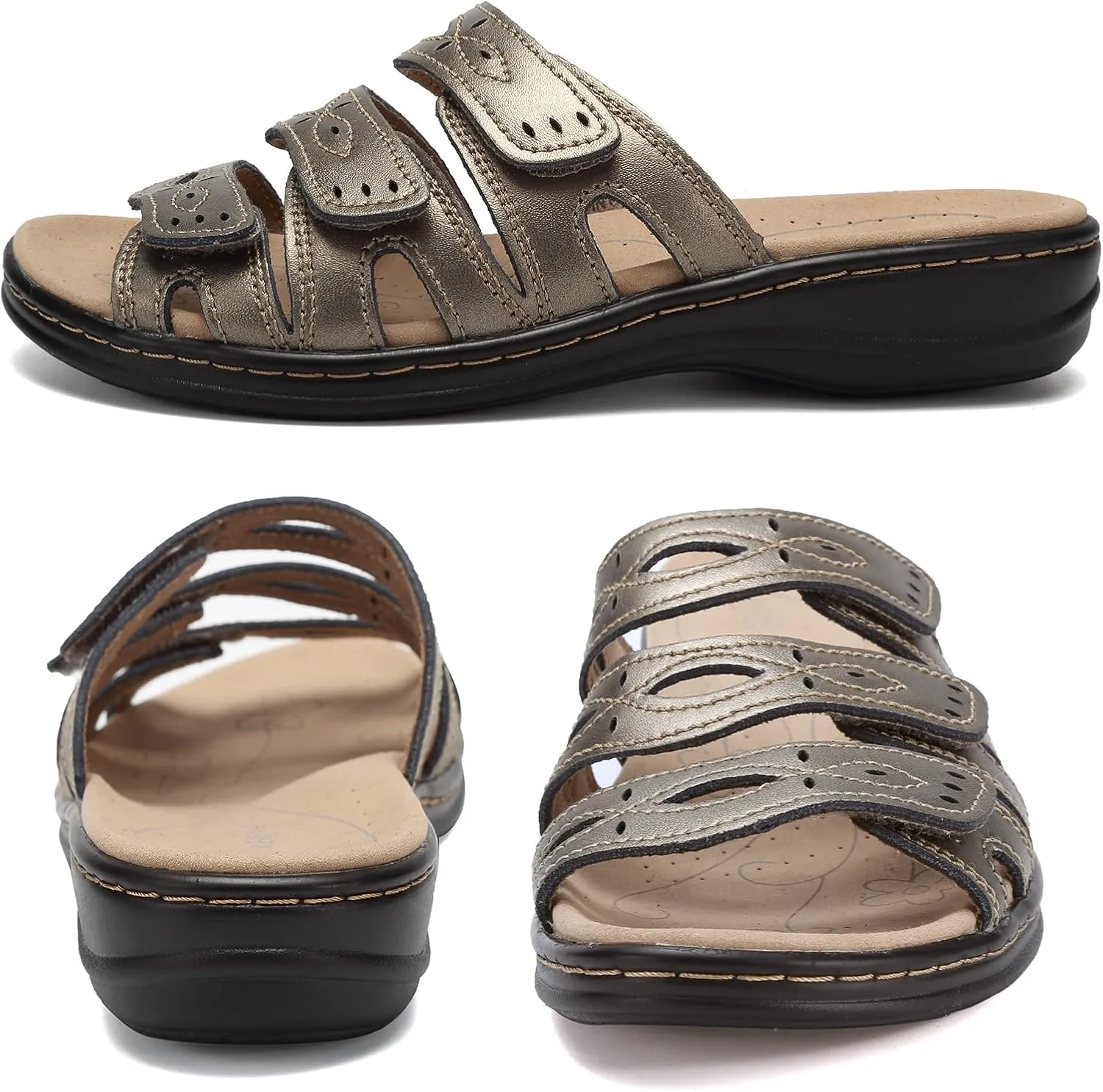 CIOR Women's Classic Leather Sandals, Black, Flat, Open Toe, Arch Support, Adjustable Strap, Casual, Water Resistant, Perfect for Beach, Street, Shopping, Dating, Vacation, Pool, Party