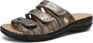 CIOR Women's Classic Leather Sandals, Black, Flat, Open Toe, Arch Support, Adjustable Strap, Casual, Water Resistant, Perfect for Beach, Street, Shopping, Dating, Vacation, Pool, Party