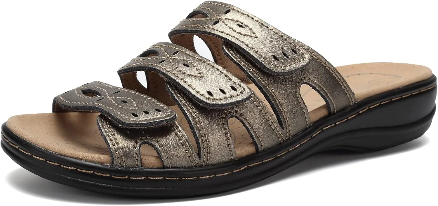 CIOR Women's Classic Leather Sandals, Black, Flat, Open Toe, Arch Support, Adjustable Strap, Casual, Water Resistant, Perfect for Beach, Street, Shopping, Dating, Vacation, Pool, Party