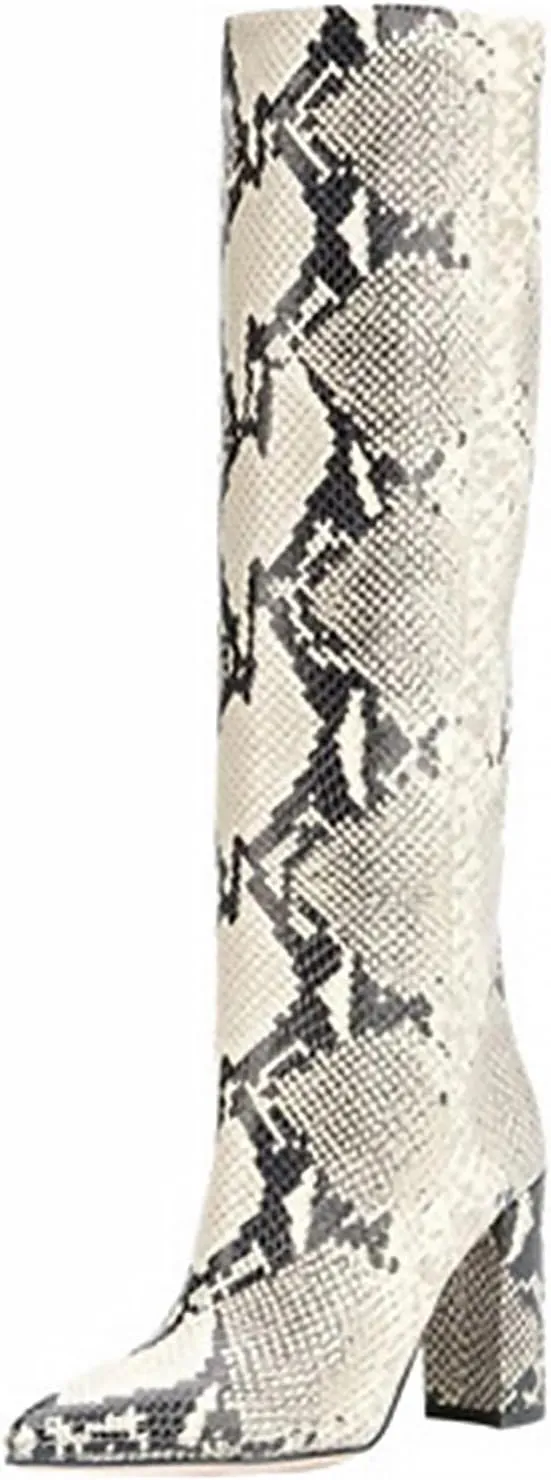 CKSNDLF Women's Metallic Mid-Calf Boots Alligator Print Chunky Heel Knee-High Boots Pointed Toe Mid Block Heel High Top Boots
