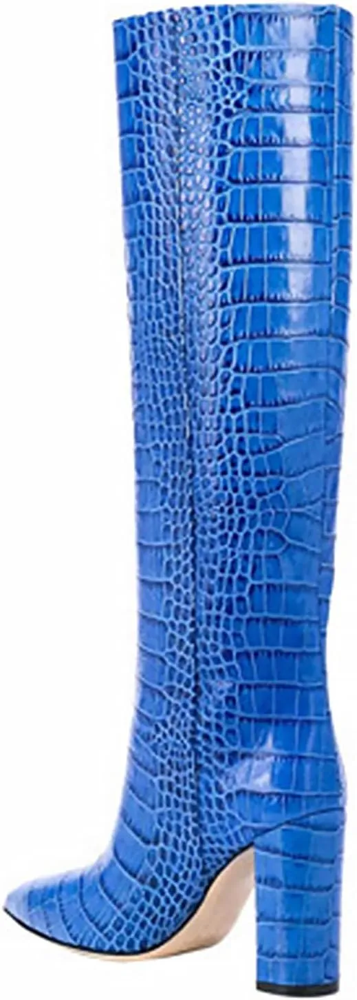 CKSNDLF Women's Metallic Mid-Calf Boots Alligator Print Chunky Heel Knee-High Boots Pointed Toe Mid Block Heel High Top Boots