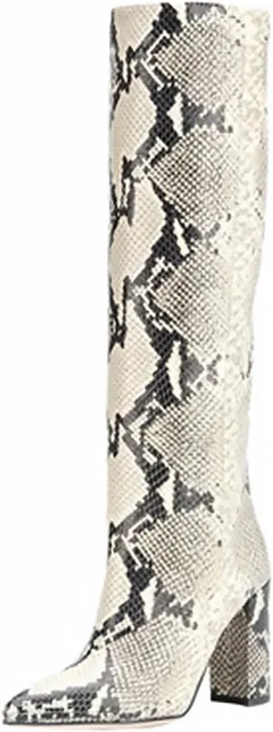 CKSNDLF Women's Metallic Mid-Calf Boots Alligator Print Chunky Heel Knee-High Boots Pointed Toe Mid Block Heel High Top Boots