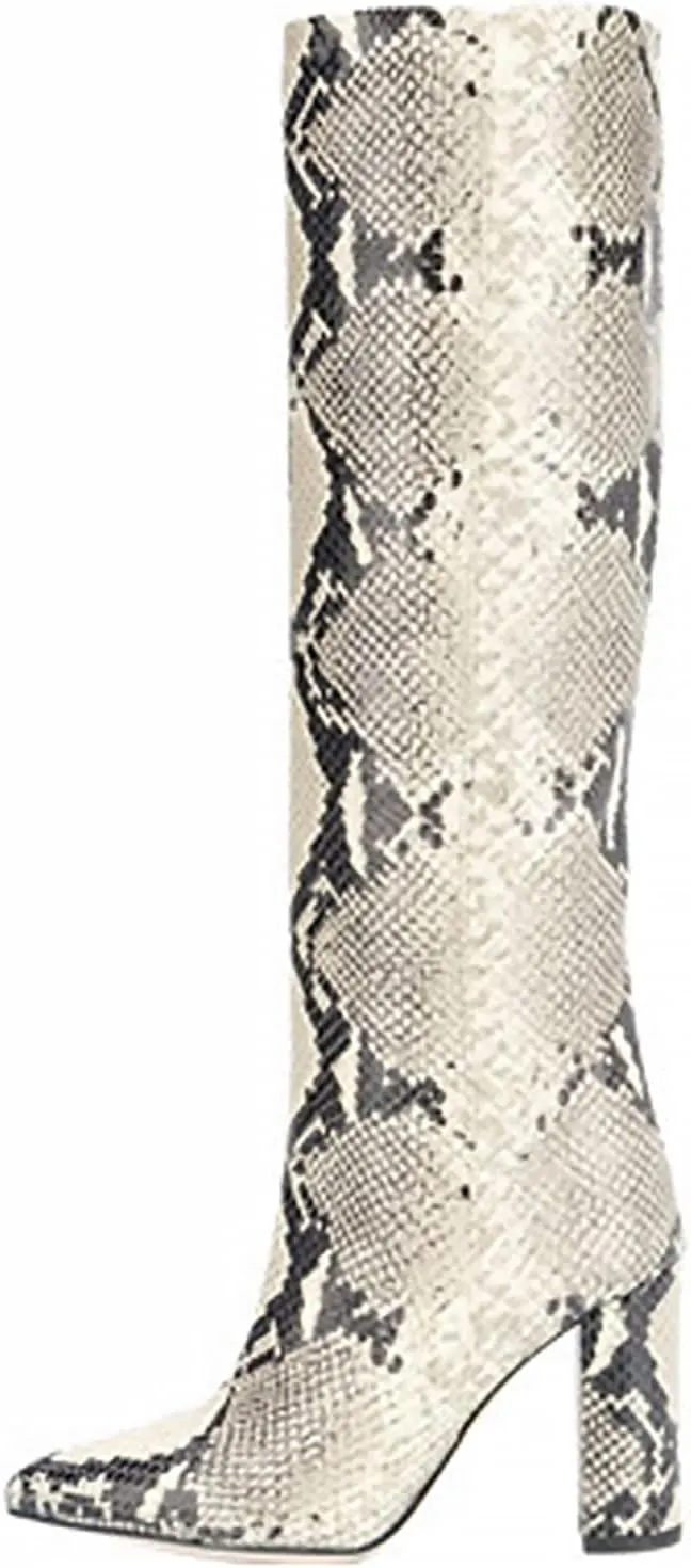 CKSNDLF Women's Metallic Mid-Calf Boots Alligator Print Chunky Heel Knee-High Boots Pointed Toe Mid Block Heel High Top Boots