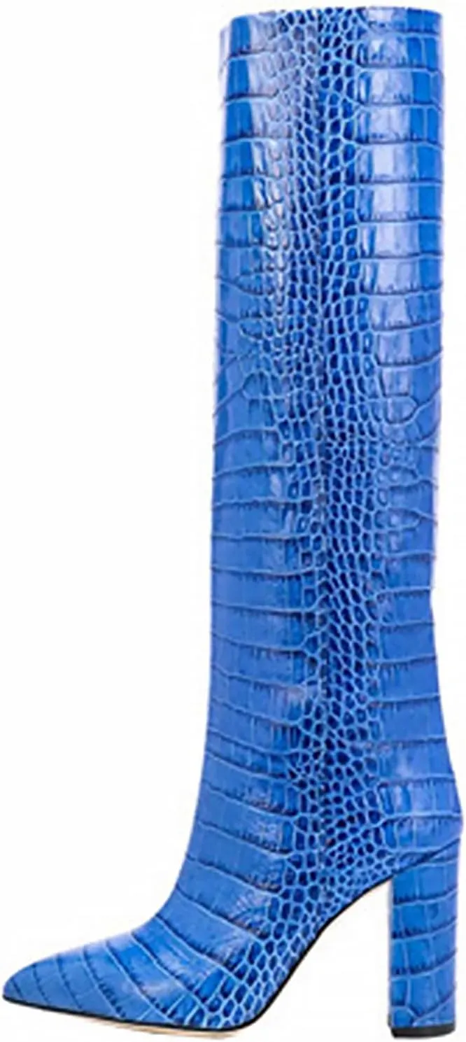 CKSNDLF Women's Metallic Mid-Calf Boots Alligator Print Chunky Heel Knee-High Boots Pointed Toe Mid Block Heel High Top Boots