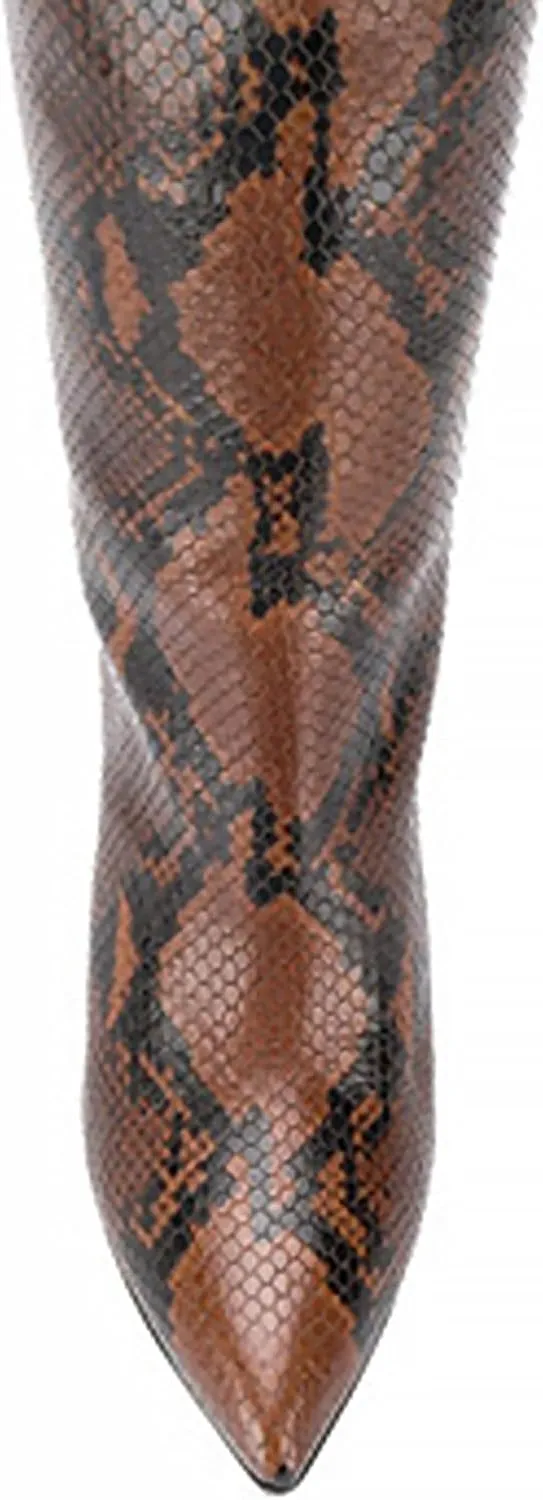 CKSNDLF Women's Metallic Mid-Calf Boots Alligator Print Chunky Heel Knee-High Boots Pointed Toe Mid Block Heel High Top Boots