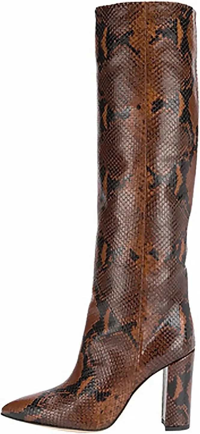 CKSNDLF Women's Metallic Mid-Calf Boots Alligator Print Chunky Heel Knee-High Boots Pointed Toe Mid Block Heel High Top Boots