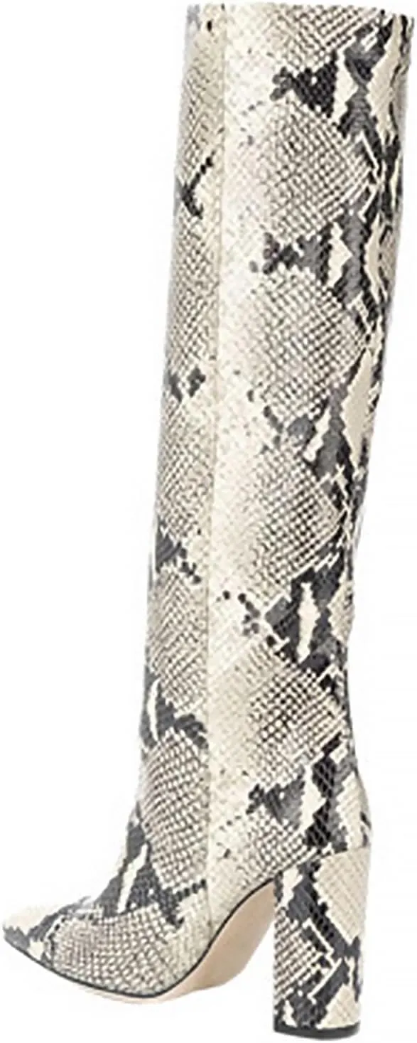 CKSNDLF Women's Metallic Mid-Calf Boots Alligator Print Chunky Heel Knee-High Boots Pointed Toe Mid Block Heel High Top Boots