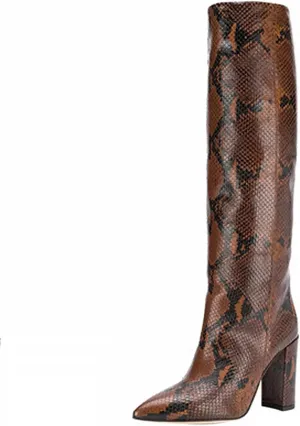 CKSNDLF Women's Metallic Mid-Calf Boots Alligator Print Chunky Heel Knee-High Boots Pointed Toe Mid Block Heel High Top Boots