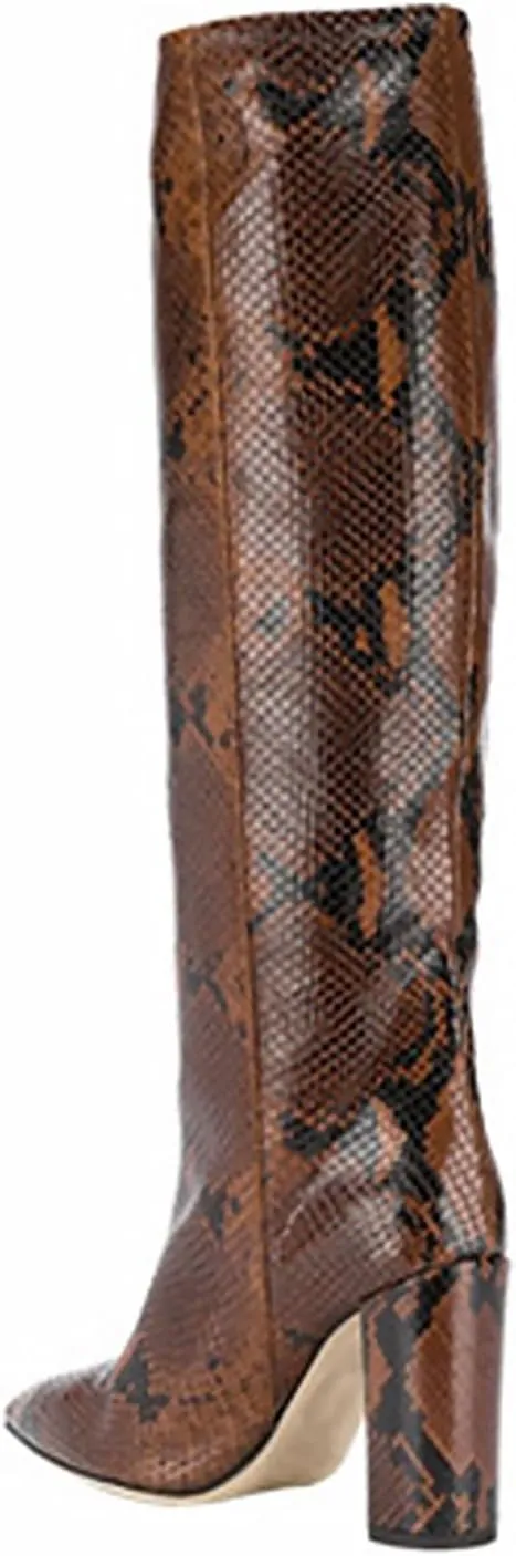CKSNDLF Women's Metallic Mid-Calf Boots Alligator Print Chunky Heel Knee-High Boots Pointed Toe Mid Block Heel High Top Boots