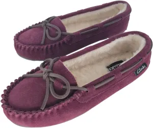Clarks Women's Suede Bowknot Moccasin Slippers, LB0340 - Fuzzy Indoor/Outdoor Close Back Slip-Ons with Faux Fur Lining & Non-Slip Outsole - Women's Comfy Loafers for Driving Lounging & More, Burgundy,