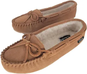 Clarks Women's Suede Bowknot Moccasin Slippers, LB0340 - Fuzzy Indoor/Outdoor Close Back Slip-Ons with Faux Fur Lining & Non-Slip Outsole - Women's Comfy Loafers for Driving Lounging & More, Cognac, 8
