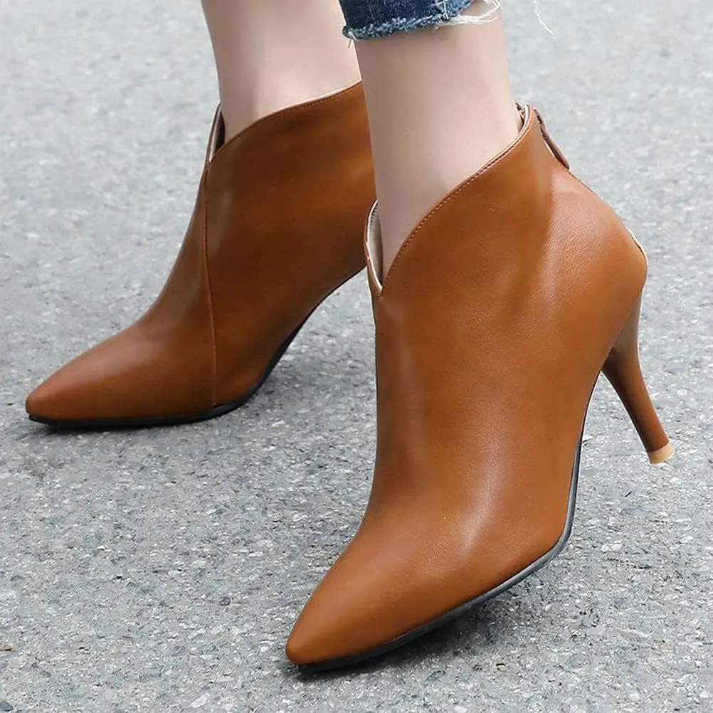 ClassicSter Womens Pointed Toe Stiletto Ankle Boots Front V High Heel Back Zip Booties