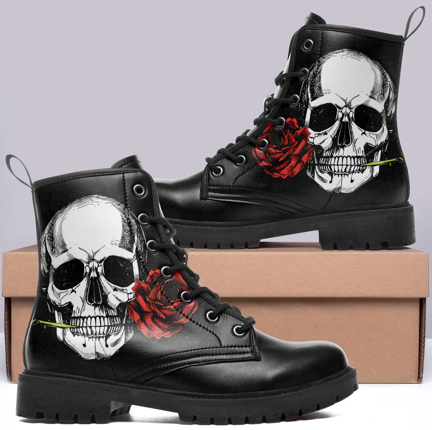 Combat Boots for Men Womens Fashion Lace-Up Skull Rose Ankle Booties Chunky Heel Platform Leather Work Boots