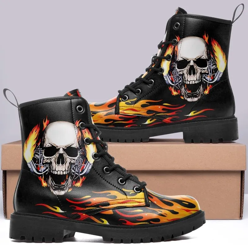 Combat Boots for Men Womens Fashion Lace-Up Skull Rose Ankle Booties Chunky Heel Platform Leather Work Boots