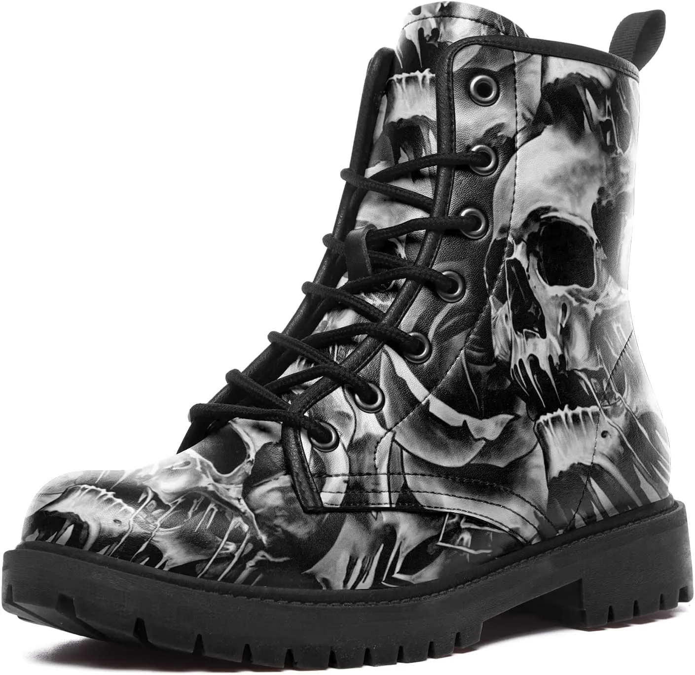 Combat Boots for Men Womens Fashion Lace-Up Skull Rose Ankle Booties Chunky Heel Platform Leather Work Boots