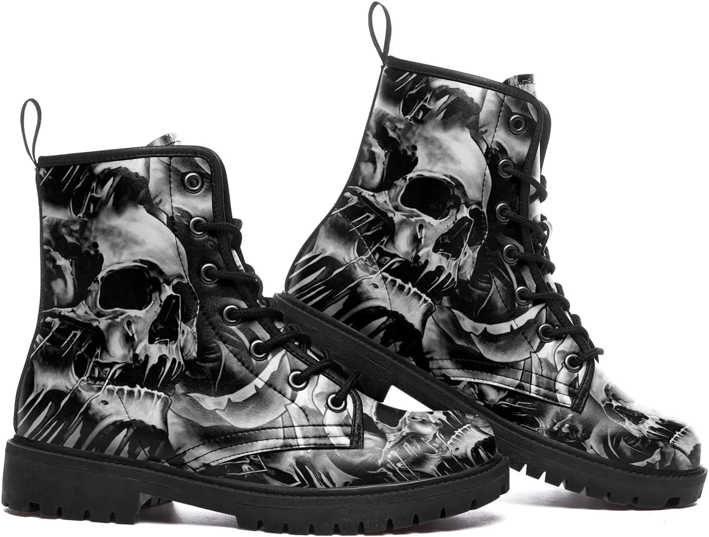 Combat Boots for Men Womens Fashion Lace-Up Skull Rose Ankle Booties Chunky Heel Platform Leather Work Boots