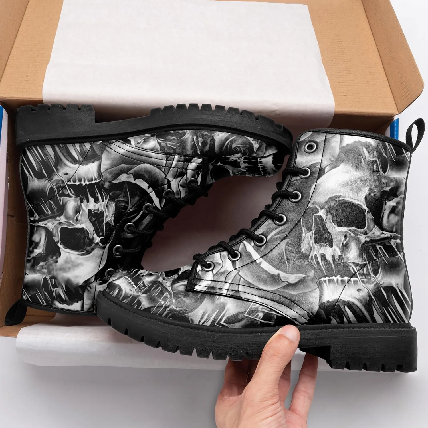 Combat Boots for Men Womens Fashion Lace-Up Skull Rose Ankle Booties Chunky Heel Platform Leather Work Boots