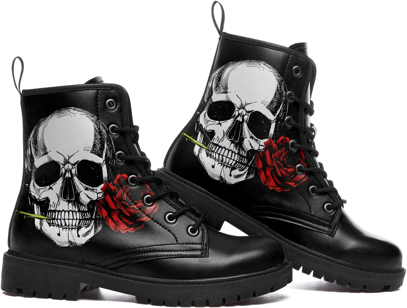 Combat Boots for Men Womens Fashion Lace-Up Skull Rose Ankle Booties Chunky Heel Platform Leather Work Boots