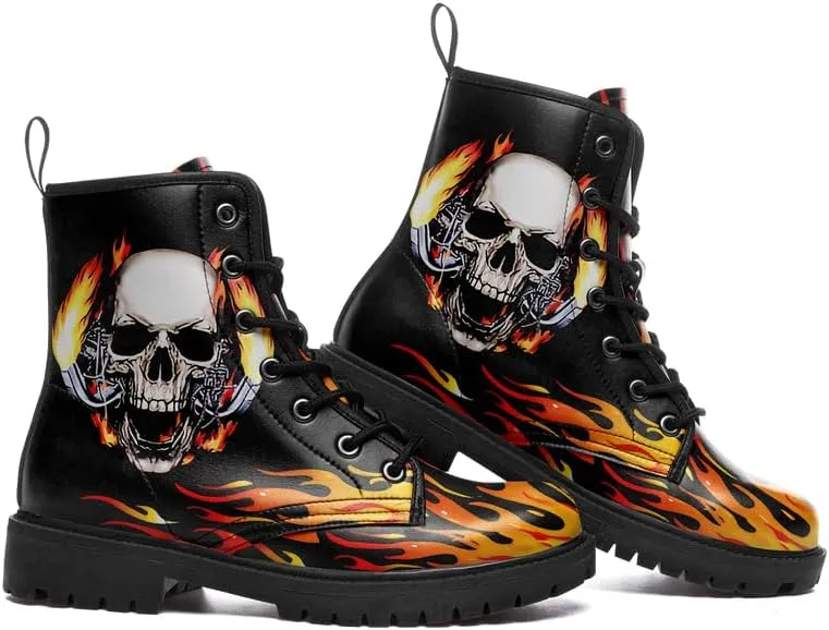 Combat Boots for Men Womens Fashion Lace-Up Skull Rose Ankle Booties Chunky Heel Platform Leather Work Boots