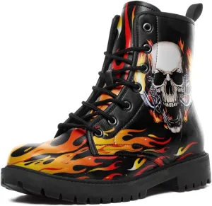Combat Boots for Men Womens Fashion Lace-Up Skull Rose Ankle Booties Chunky Heel Platform Leather Work Boots