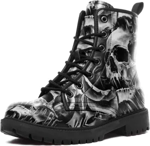 Combat Boots for Men Womens Fashion Lace-Up Skull Rose Ankle Booties Chunky Heel Platform Leather Work Boots